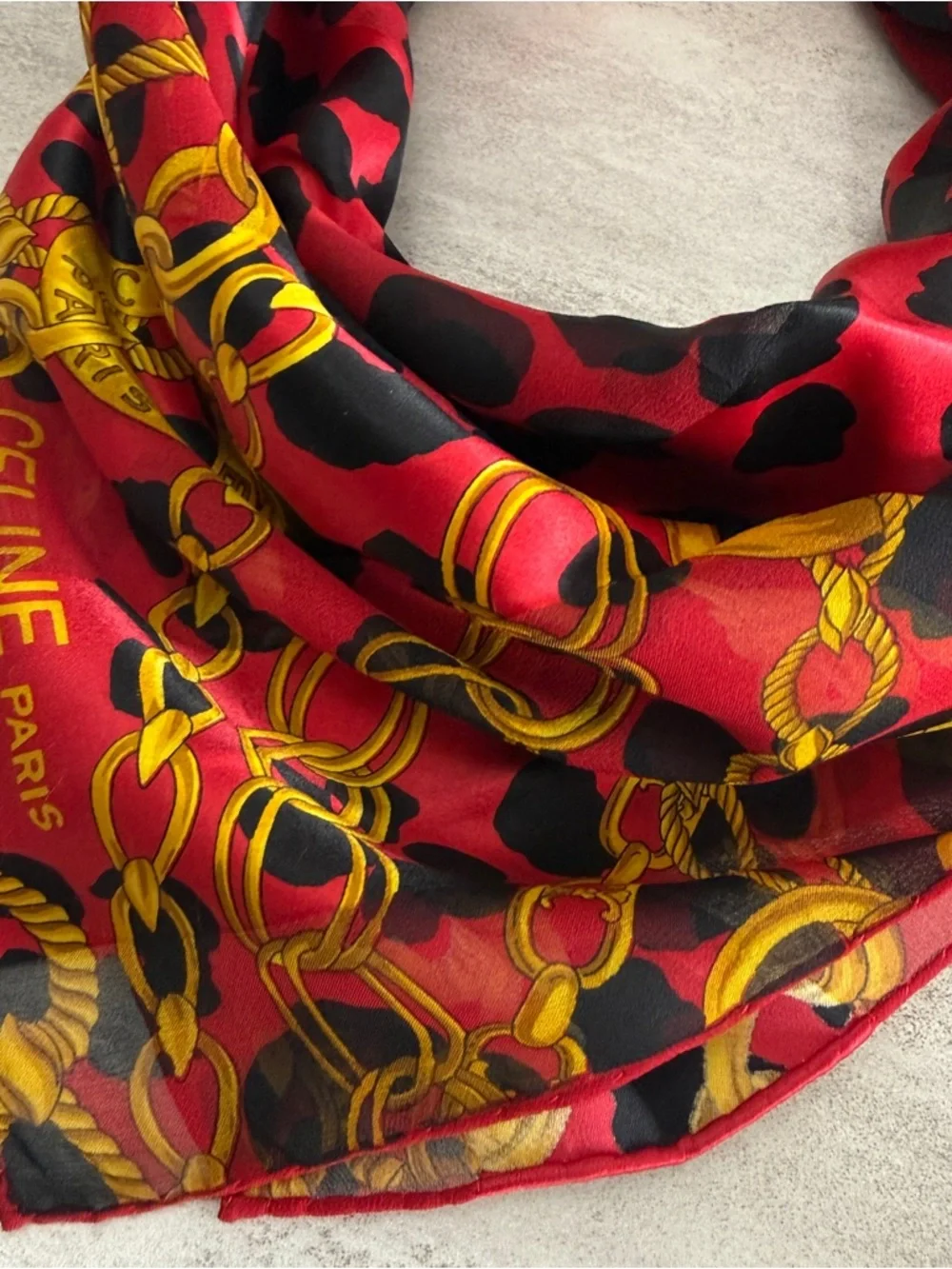 Celine Red & Black Leopard Chain Silk Scarf - Picture 4 of 7